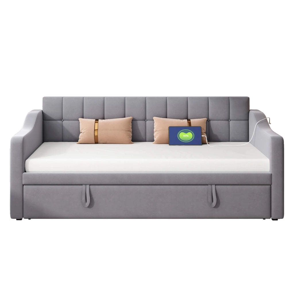OKWISH Letto Estraibile 2 Posti, Letto Singolo con USB e Tasca Portaoggetti, 90×190 cm e 180×190 cm, senza Materasso, Velluto Grigio
