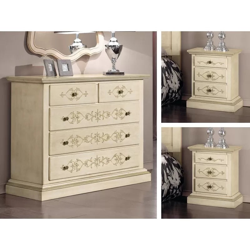 Gruppo 1 cassettiera 2 comodini legno classico avorio shabby (1470+1471) - Mobili 2G