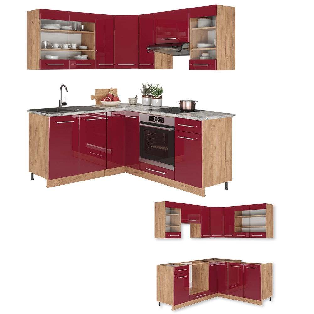 Vicco Cucina angolare completa Bordeaux lucido/rovere dorato 160 x 190 cm , PL Antracite