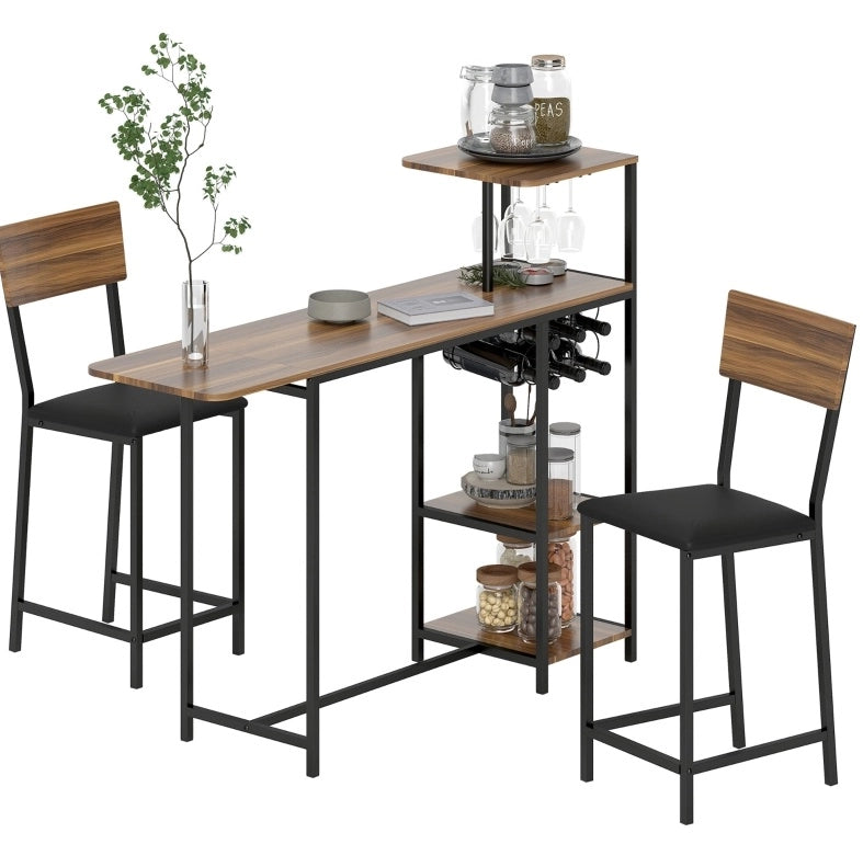 Set tavolo da bar estensibile marrone con 2 sgabelli e portabottiglie