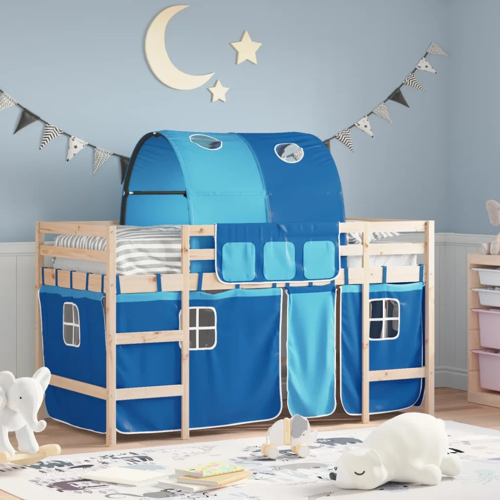 Letto a Soppalco con Tunnel Bambini | Letto Infantile | Lettino Blu 80x200cm Massello Pino
