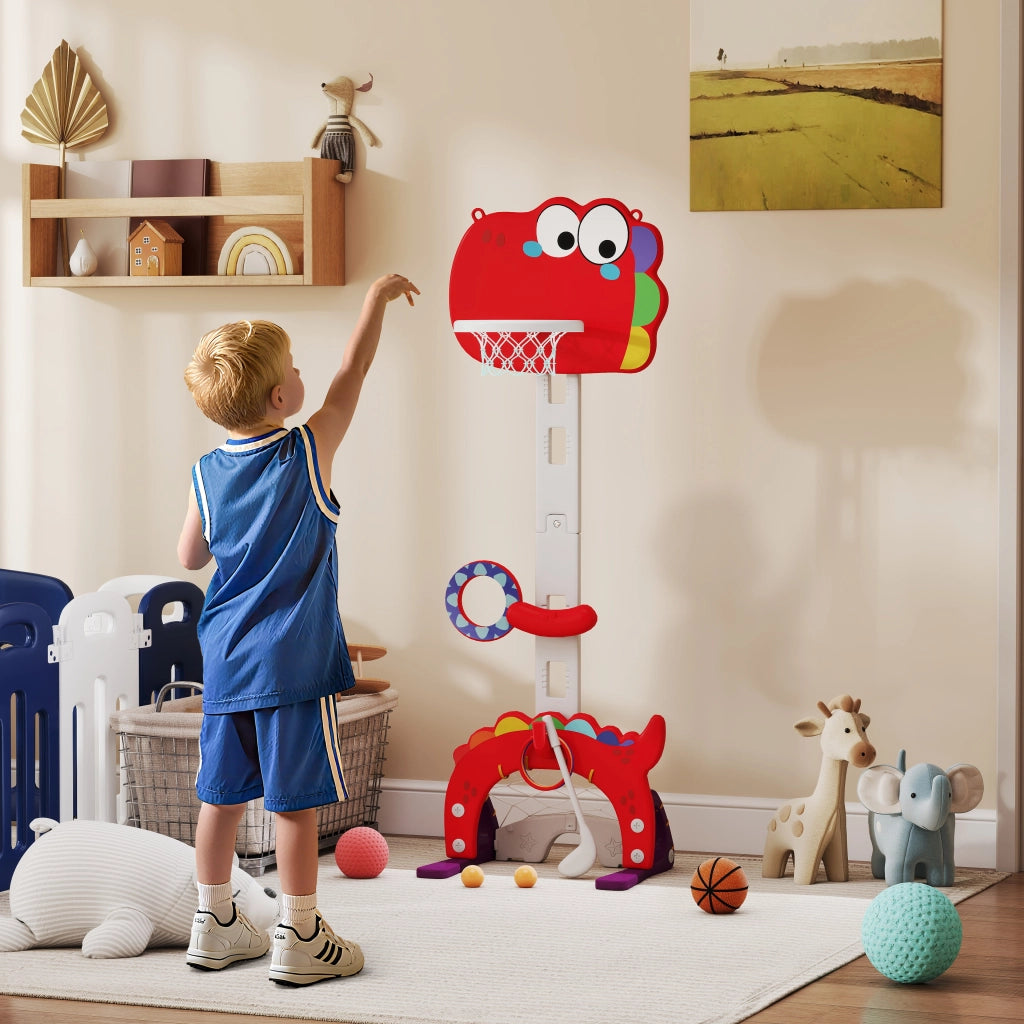Canestro Basket per Bambini 5 in 1 con Altezza Regolabile, Porta da Calcio e Golf, Et¨¤ 3-6 Anni, Rosso