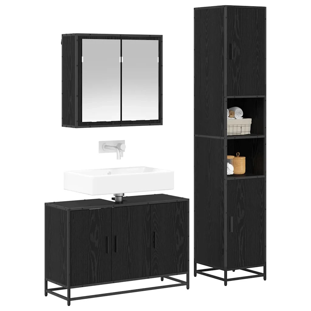 Set di mobili per il bagno 3 pcs Rovere Nero Legno multistrato