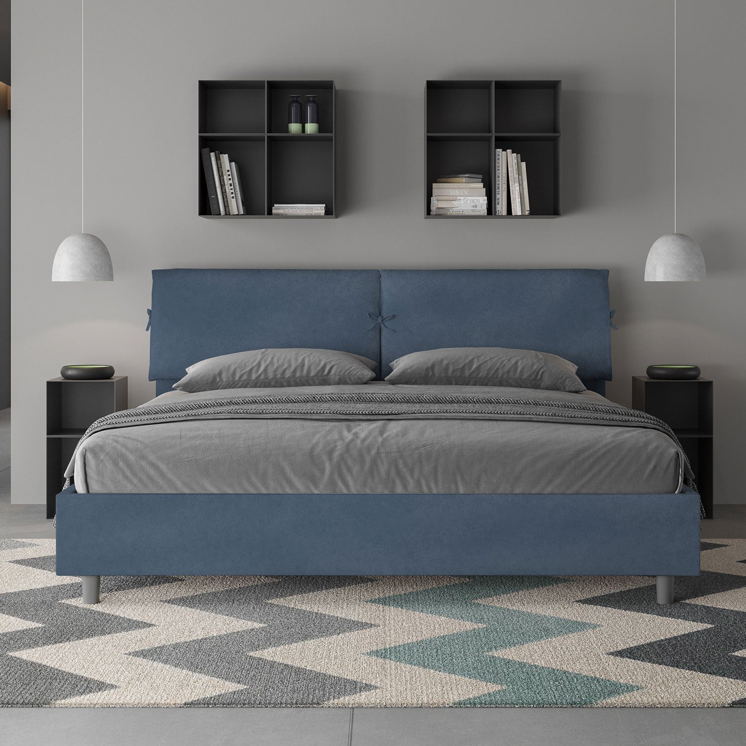 Letto Matrimoniale King Size 200x200 cm con Rete Testata con Cuscini Imbottito in Microfibra Mados Blu