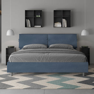 Letto Matrimoniale King Size 180x190 cm con Rete Testata con Cuscini Imbottito in Microfibra Mados Blu