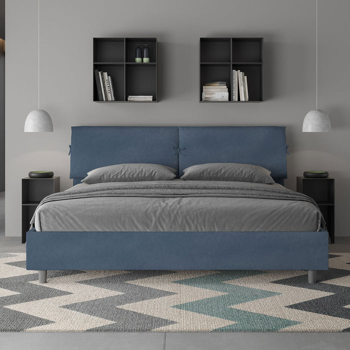 Letto Matrimoniale King Size 180x190 cm con Rete Testata con Cuscini Imbottito in Microfibra Mados Blu