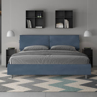Letto Matrimoniale King Size 180x200 cm con Rete Testata con Cuscini Imbottito in Microfibra Mados Blu