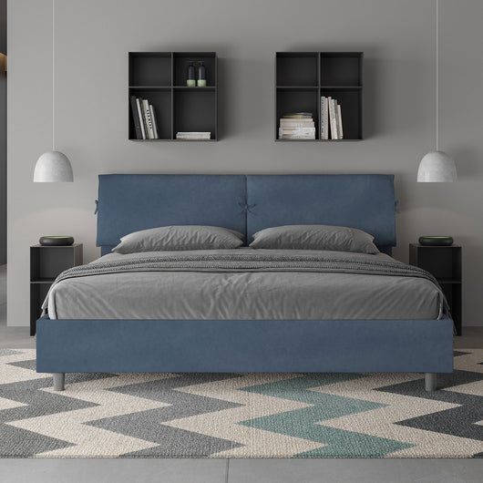 Letto Matrimoniale King Size 200x210 cm con Rete Testata con Cuscini Imbottito in Microfibra Mados Blu