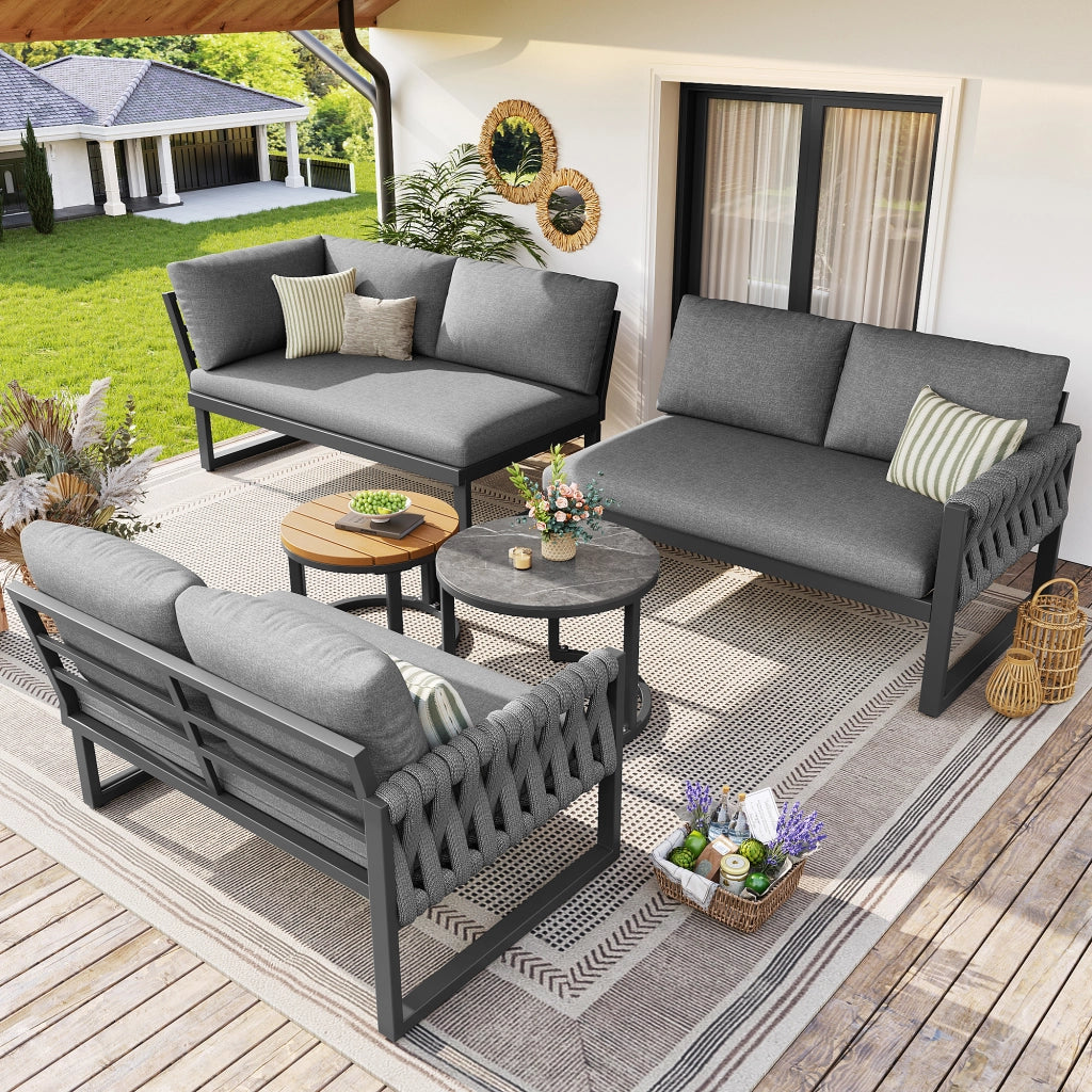 OKWISH Set da 5 mobili da giardino con 2 divani singoli, 1 divano angolare e 2 tavoli, Olefin Grigio