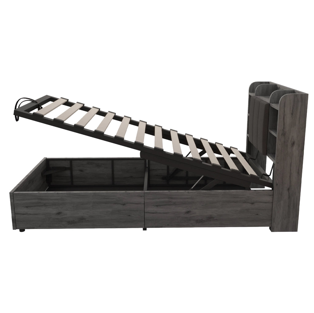 Letto singolo 90x200 cm con contenitore idraulico, USB e USB-C in MDF e compensato grigio