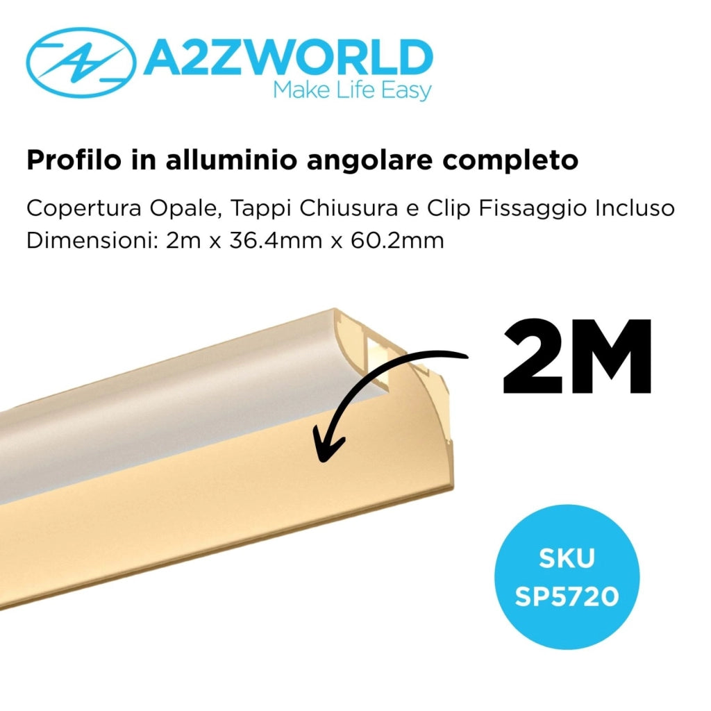 Kit Profilo Alluminio Completo Da 2 Metri Per Striscia Led, Angolare Per Battiscopa e Soffitto (2 Pezzi), Dimensione 36.4X60.2mm, Larghezza Interna 9.6mm, 676g/m, Copertura Opale, Tappi Chiusura e Clip Fissaggio Incluso, BAV23180