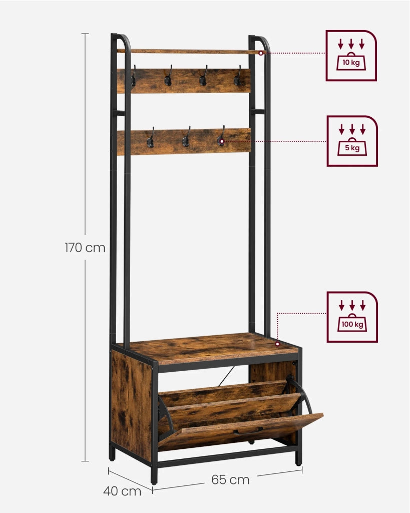 Mobile da ingresso con panca 7 ganci e ripiano appendiabiti per corridoio/camera da letto stile industriale marrone 12_0006385