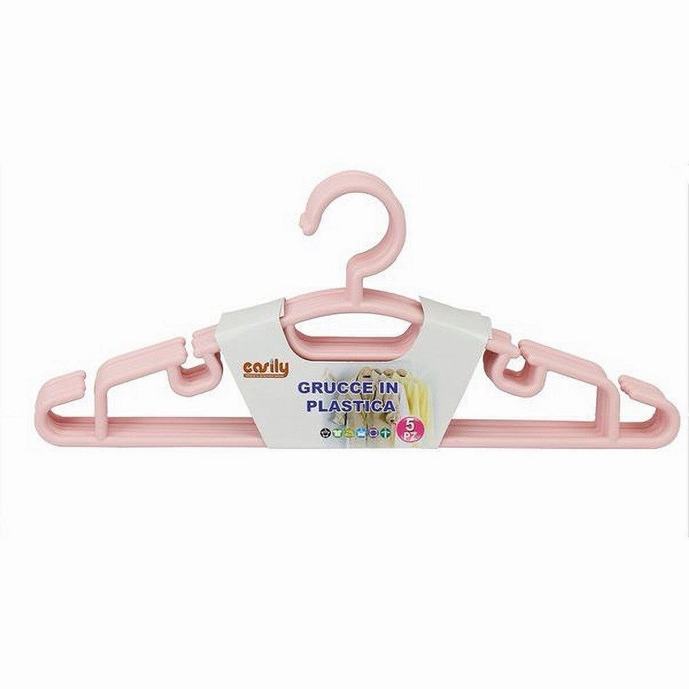 Trade Shop - Set 5 Pz Grucce Stampelle Appendiabito In Plastica Vestiti Pantaloni Rosa 79323 -