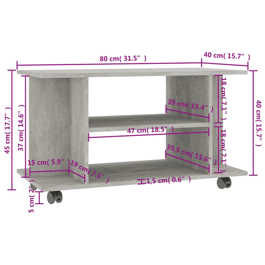 Mobile TV multimediale scaffale TV credenza mobile TV per sala da pranzo soggiorno camera da letto con rotelle 80 x 40 x 45 cm legno ingegnerizzato grigio 02_0027616
