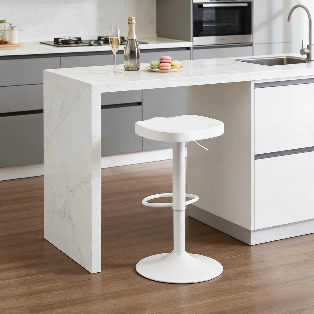 Sgabello da bar girevole regolabile in altezza con seduta ergonomica in legno massello e metallo bianco per cucina