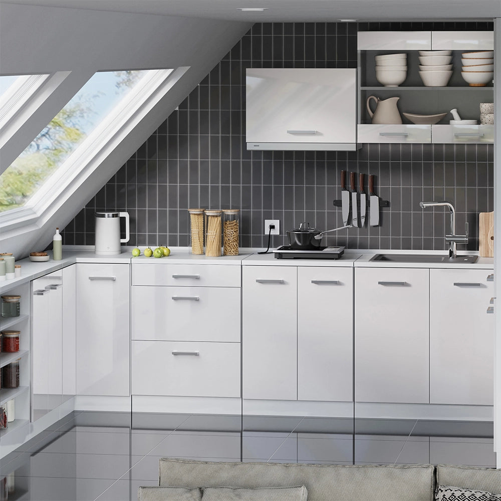 Mobile cucina sottotetto R-Line Bianco lucido/Bianco 60 cm senza inclinazione con 2 ante Vicco