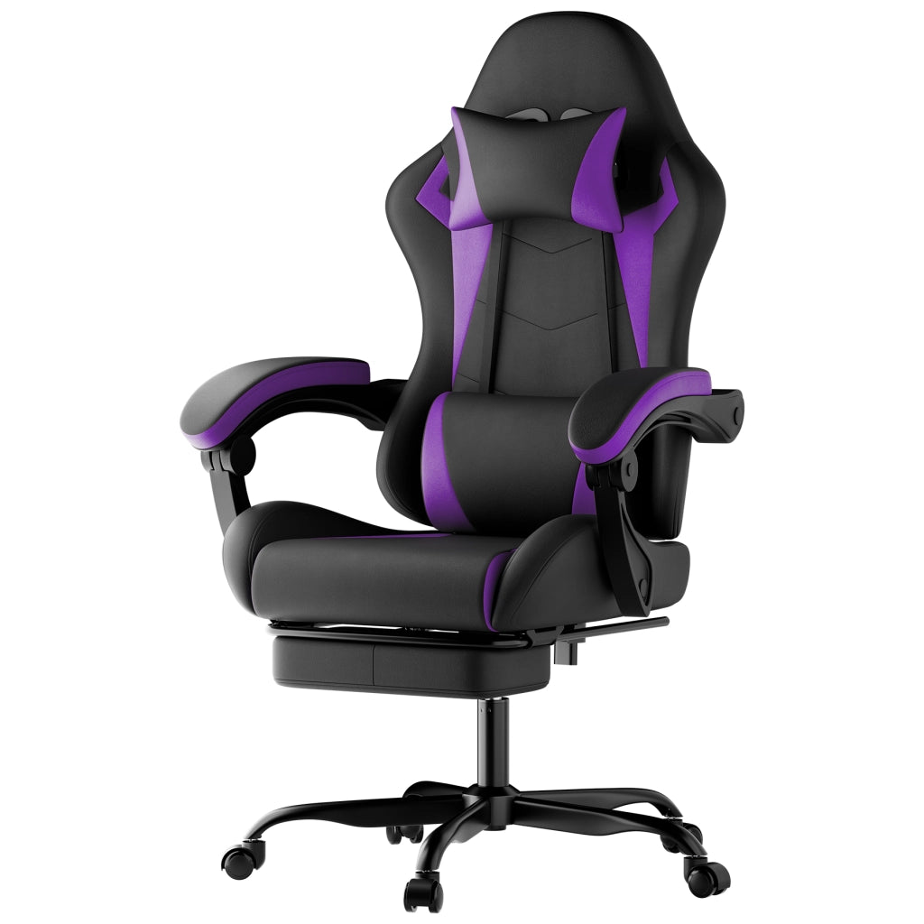 Sedia gaming ergonomica con poggiatesta supporto lombare e poggiapiedi retrattile altezza regolabile in PVC viola e nero