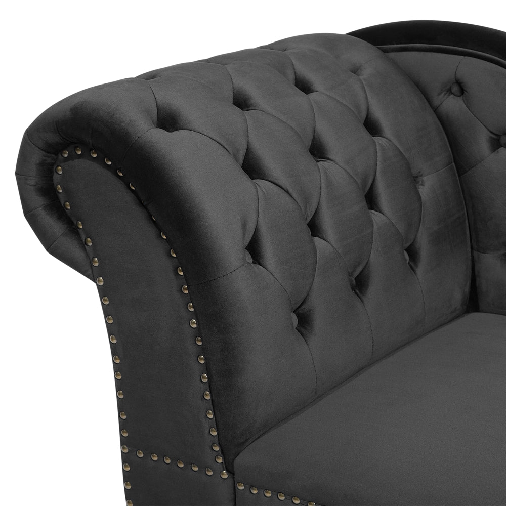 Chaise Longue in Velluto nero Versione Sinistra Stile Chesterfield con bottoni