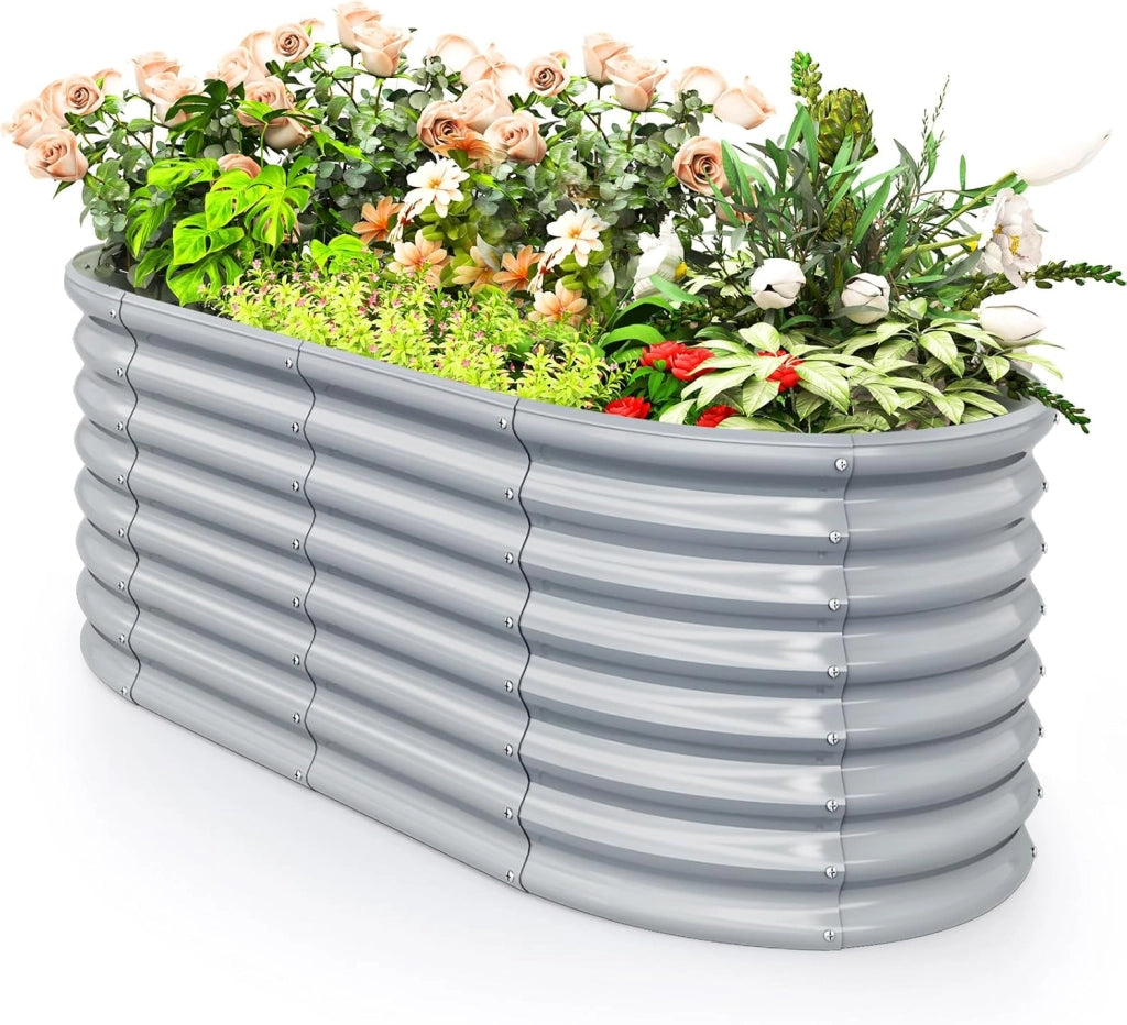 Letto da Esterno Rialzato in Metallo, Aiuola Rialzata in Ovale con Design a Fondo Aperto, Protettori d'Angolo Rinforzati, Orto Rialzato da Esterno per Verdure, Fiori, Erbe Aromatiche (Grigio)