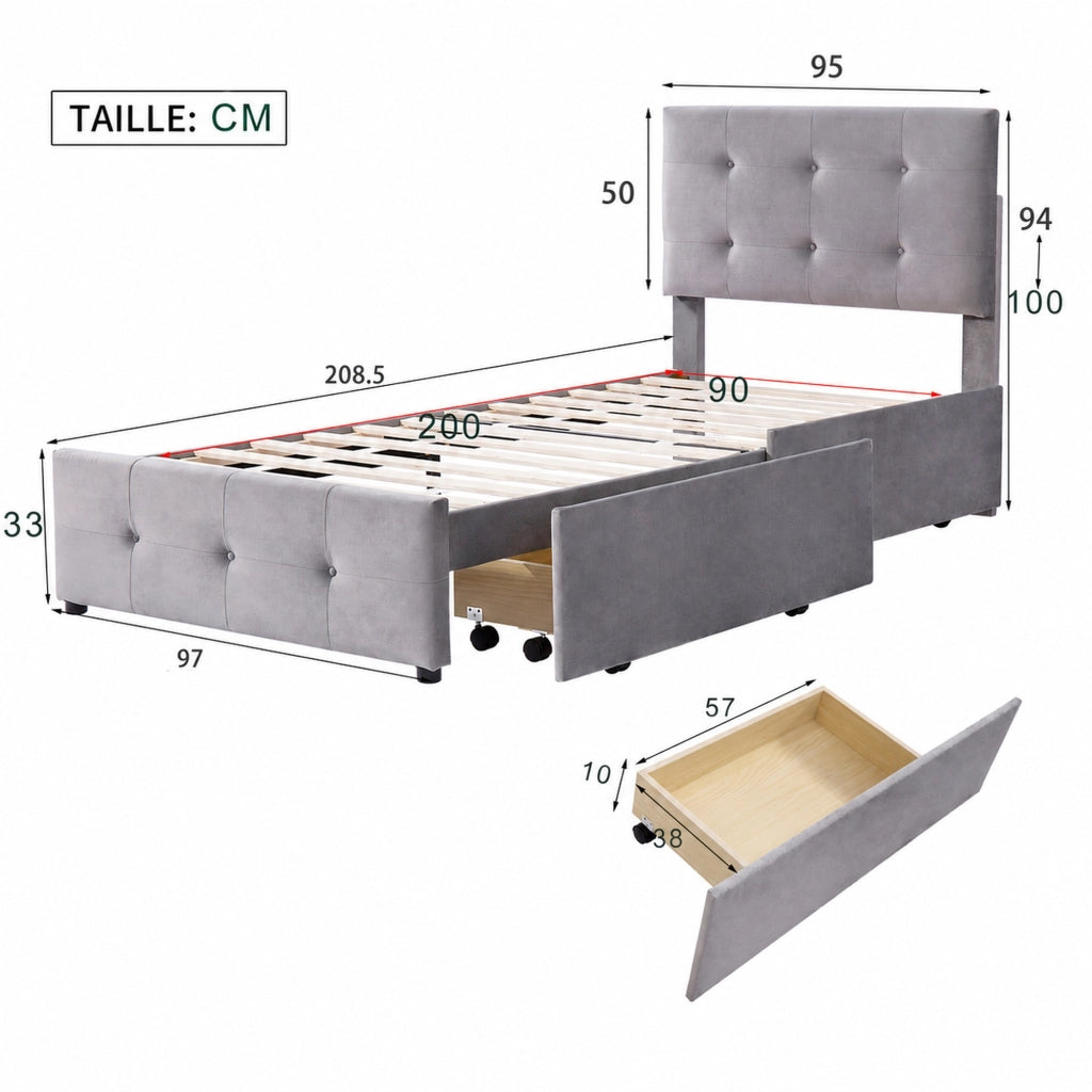 DESMIU Litto simple 90 × 200 cm con cassetto, senza materasso, in velluto, grigio