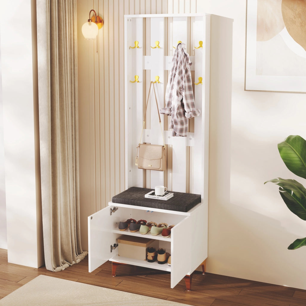 Mobile Ingresso con Panca Scarpiera 2 Ante; Push-to-Open; Ripiani Regolabili; Bianco; in Pannello truciolare; 60;5×35;2×180;5 cm