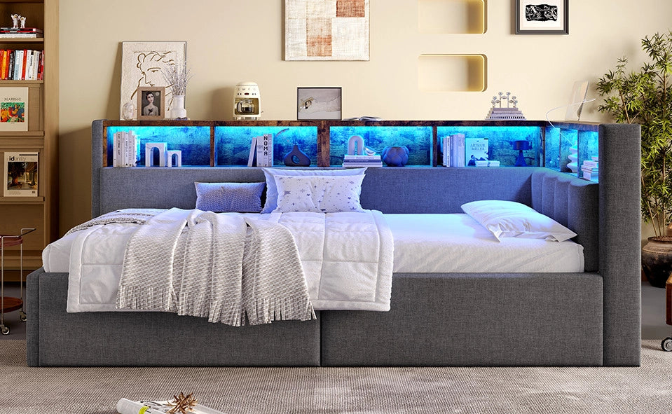 Divano letto singolo 90x200 cm con stoccaggio idraulico, illuminazione LED multicolore e porte USB-C e USB