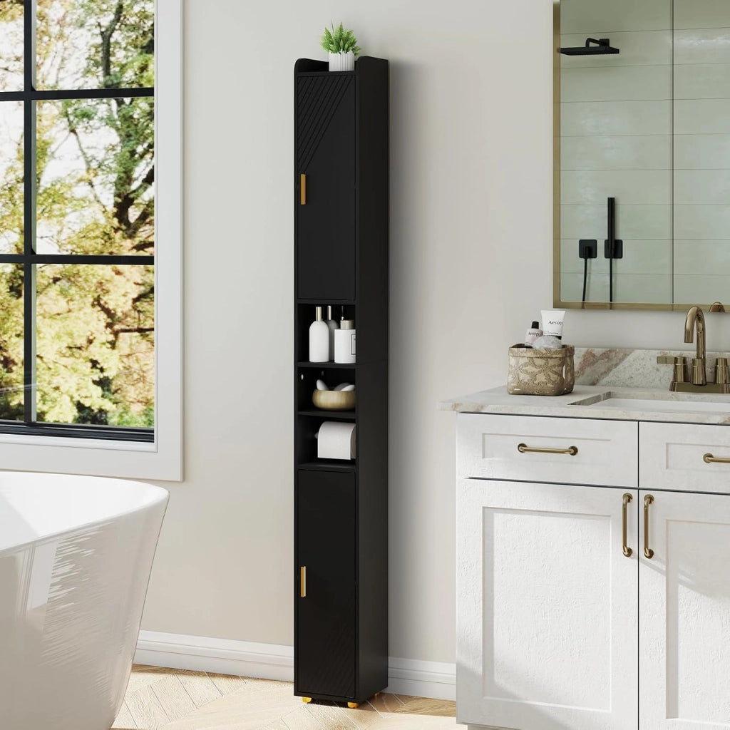 Armadietto da bagno da 179 cm, con 2 ante, 3 ripiani aperti, ganci e porta carta igienica, 20 x 20 cm, per ufficio, cucina e corridoio (3 ripiani, nero)
