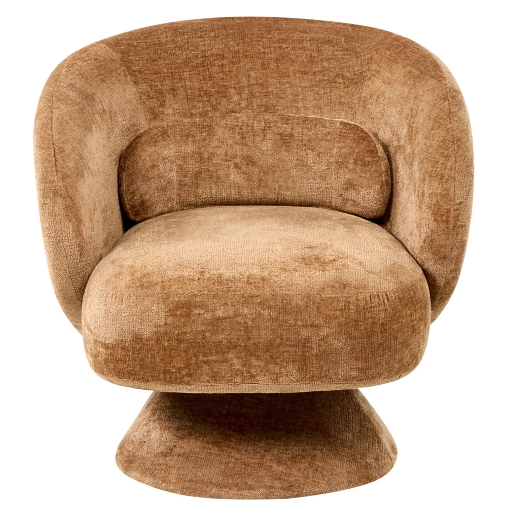 Poltrona girevole con seduta in ciniglia marrone dorato senza braccioli con cuscino, schienale rotondo, gambe in metallo, stile retrò