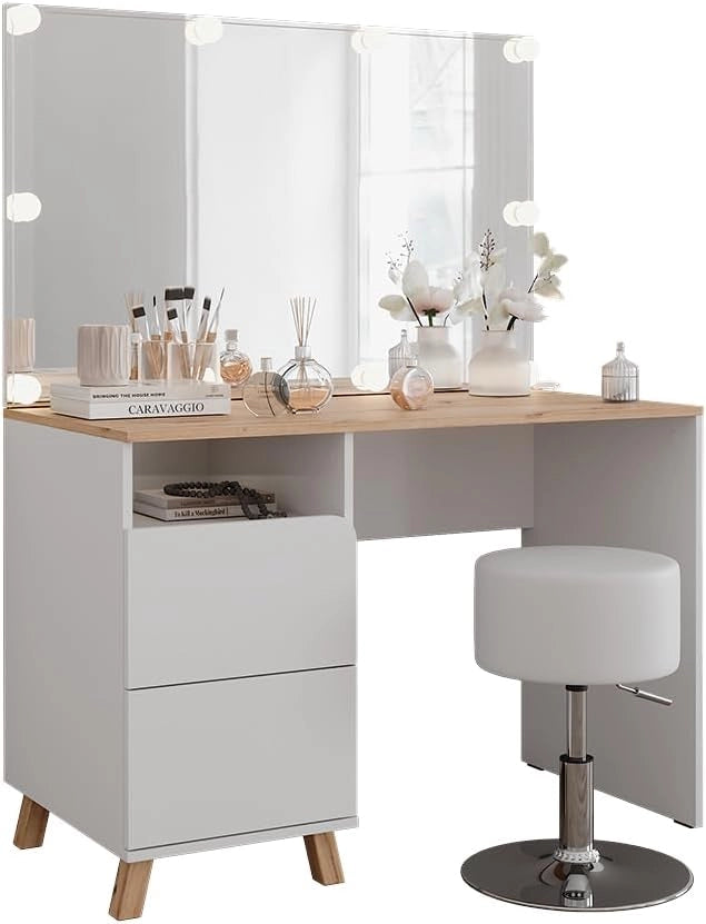 Tavolo da toeletta Karen, Bianco/Artisan, 110 cm con sgabello e luci fiabesche a LED, Materiali robusti per un utilizzo duraturo