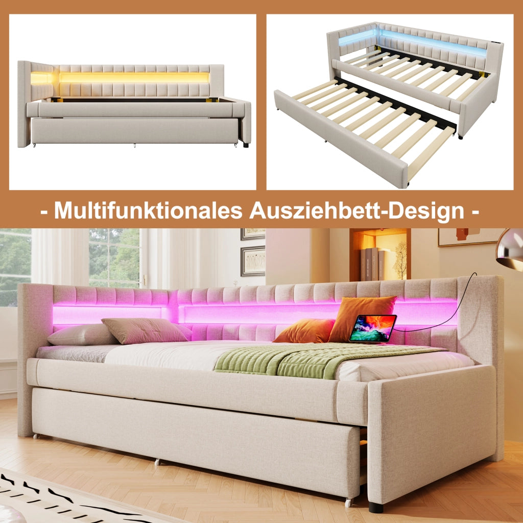 Letto estraibile singolo 90×200 cm con LED; USB e Type-C; senza materasso; lino; beige