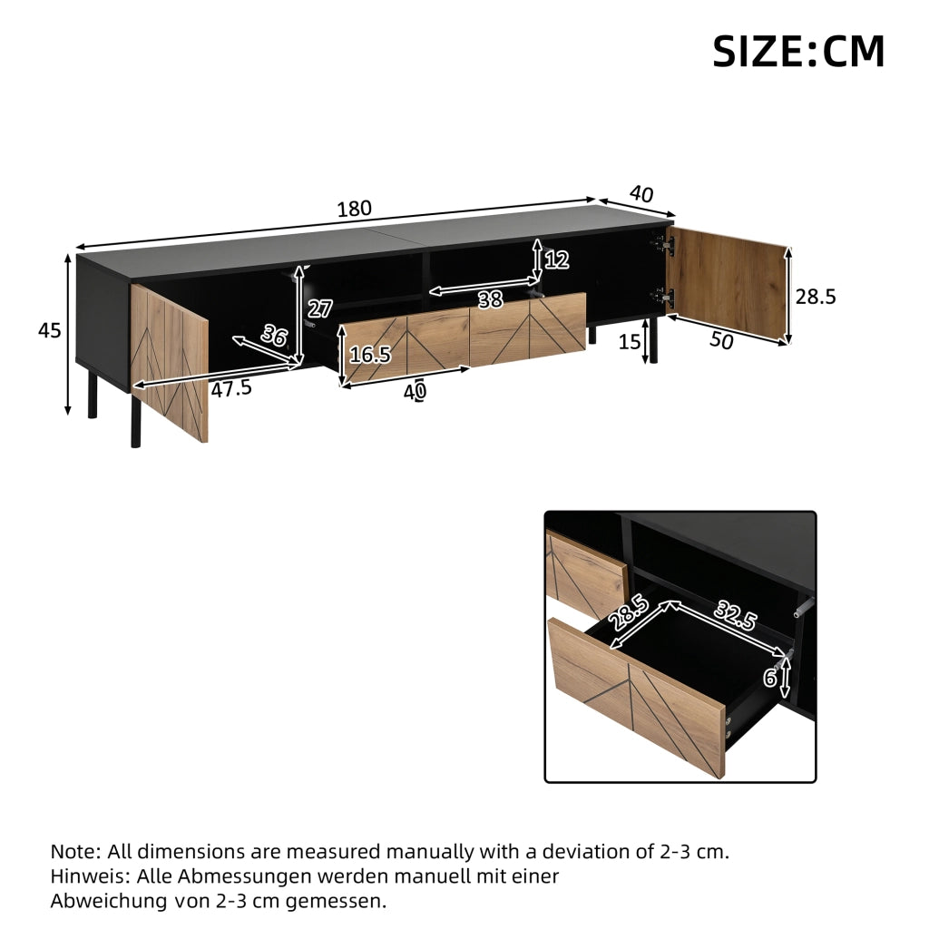 Mobile TV moderno 180x40x45 cm con 2 cassetti e 2 ante, in pannello truciolare, nero e effetto legno, portata fino a 75 kg
