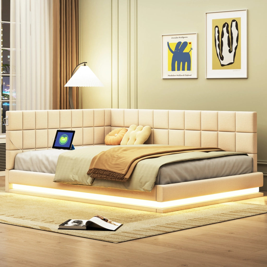 Divano letto imbottito 140x200 con LED, USB e rete a doghe