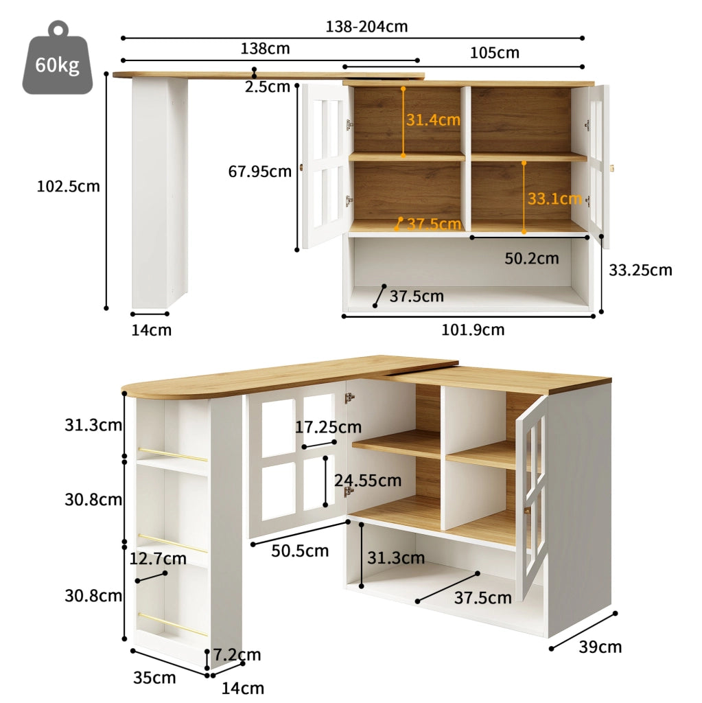 Credenza girevole 138-204x39x102.5 cm; con ante in vetro temperato; MDF bianco