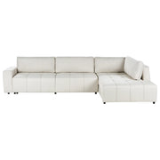 Divano imbottito a 4 posti ad angolo in tessuto beige chiaro con braccioli porta riviste e contenitore stile moderno soggiorno
