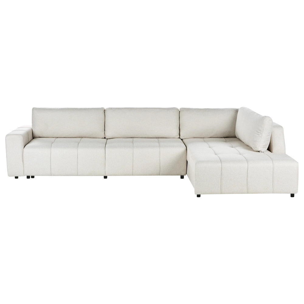 Divano imbottito a 4 posti ad angolo in tessuto beige chiaro con braccioli porta riviste e contenitore stile moderno soggiorno
