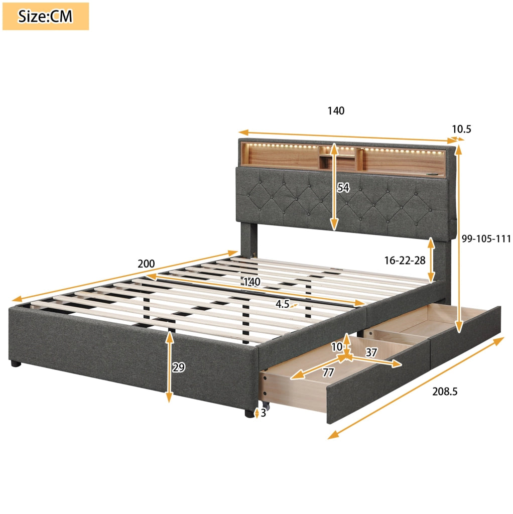 Letto matrimoniale con testiera regolabile; LED e USB; 2 cassetti; grigio 140x200 cm