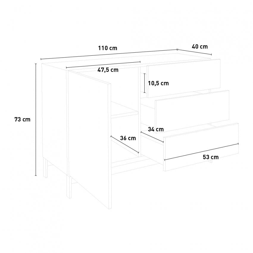 Credenza Moderna 1 Anta + 3 Cassetti Metis con Piede in Metallo Antracite Laccato