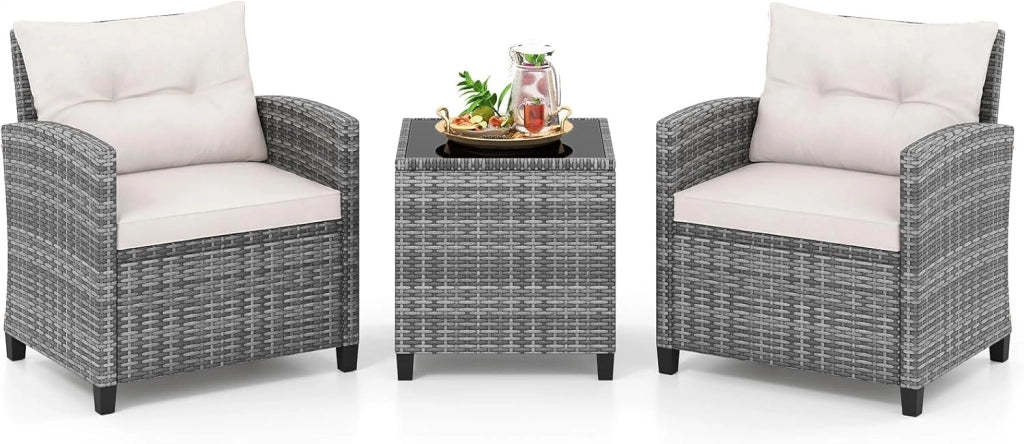 Set Mobili da Giardino 3 Pezzi, Salotto da Esterno in Rattan PE con 2 Poltrone e 1 Tavolino in Vetro Temperato, Set da Conversazione con Cuscini Sfoderabili per Patio (giallo, Modello 5)