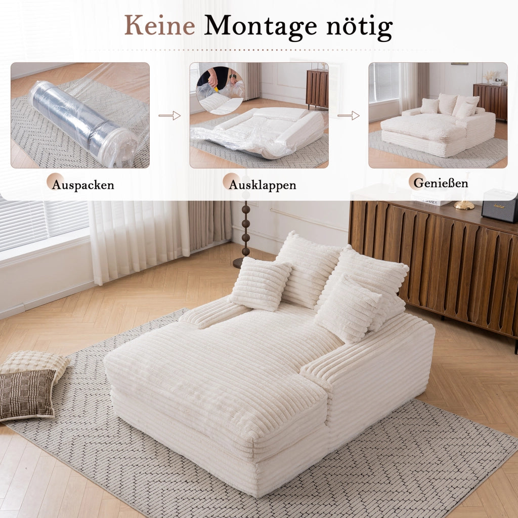 Méridienne in tessuto effetto corda con quattro cuscini rimovibili e supporto ergonomico beige 135 × 165 × 58 cm