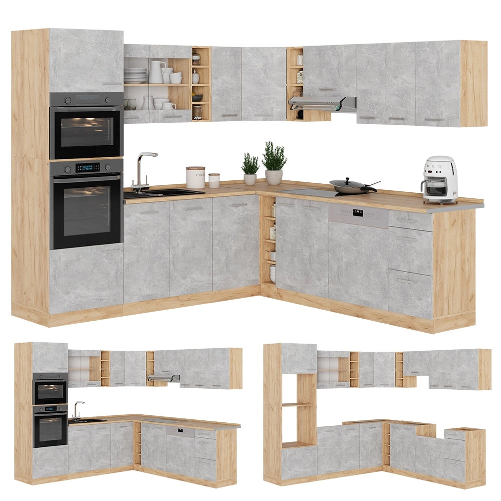 Cucina angolare completa R-Line Calcestruzzo/Rovere dorato 247 x 237 cm, PL Antracite Vicco
