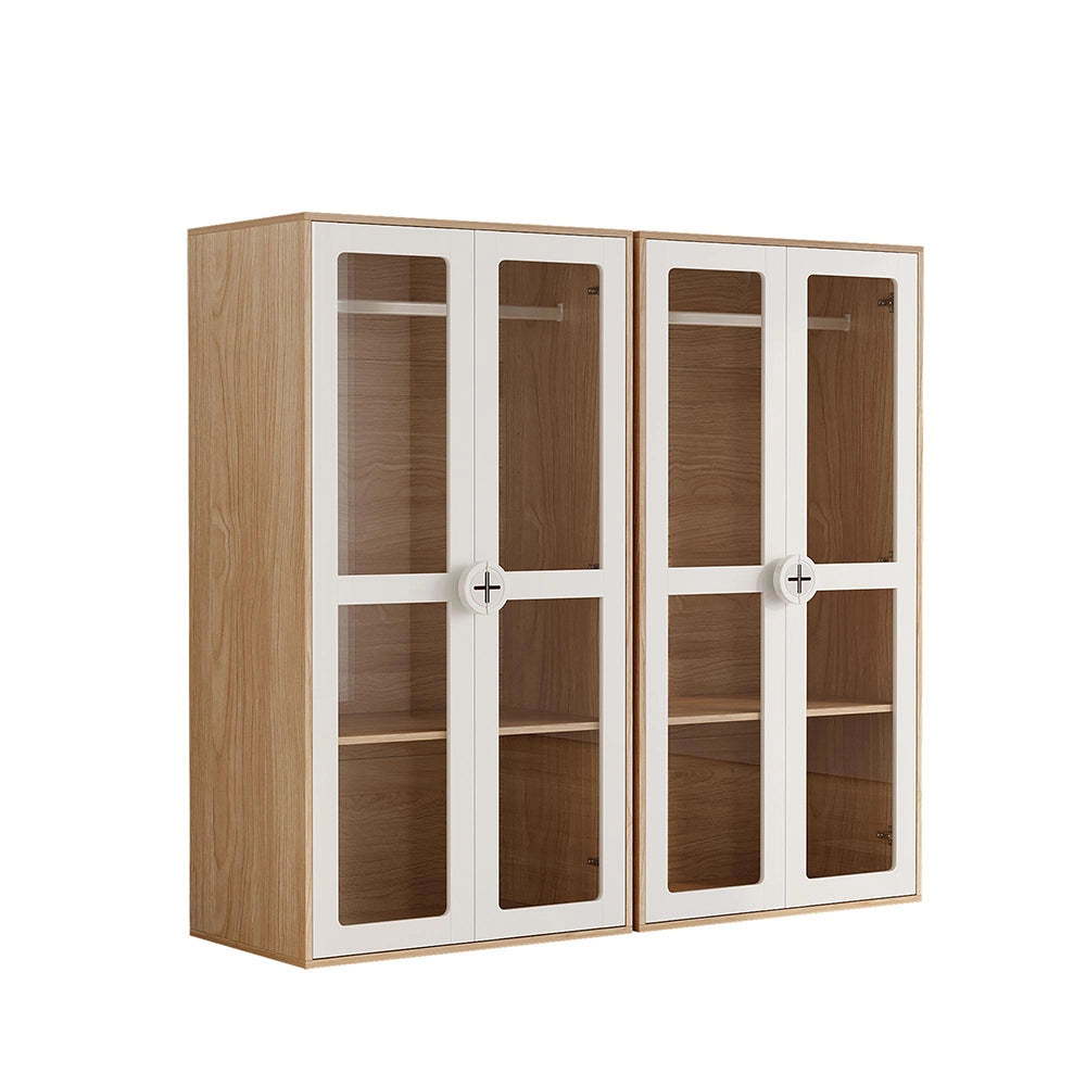 Armadio doppio bambino 2 ante con vetro - Xylo - combinazione 2 armadi, appendiabiti, 160x50x150 cm, bianco e naturale