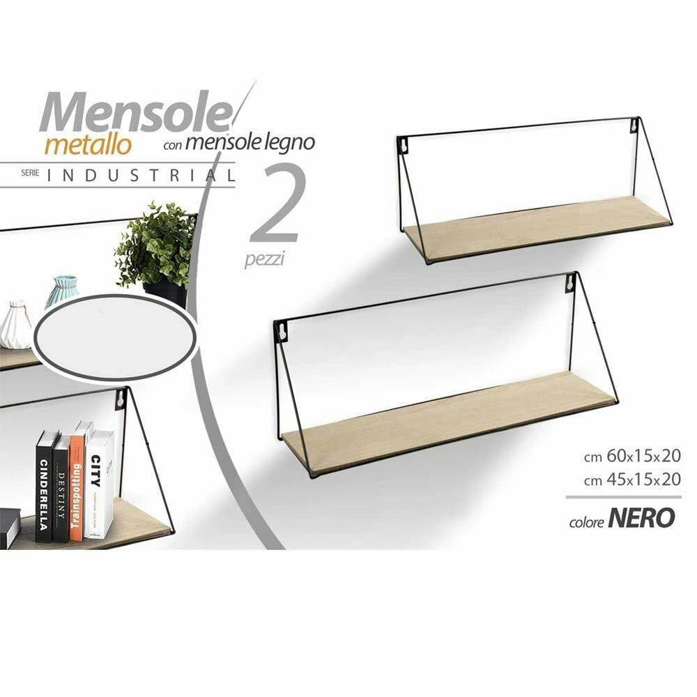 Trade Shop - Set 2 Mensole Parete Rettangolare Mensola Scaffale Metallo E Legno 2 Misure -