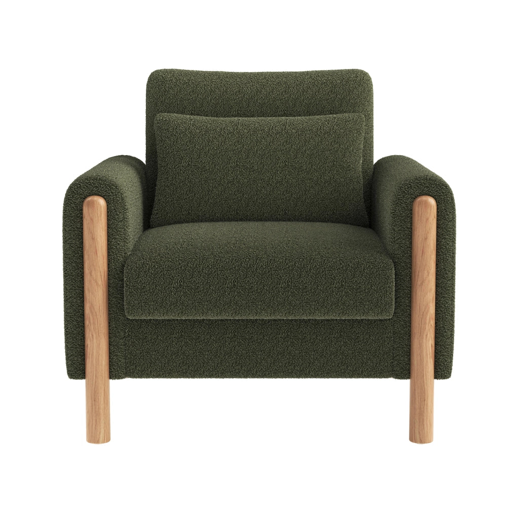 Poltrona 87x83x88.5 cm con cuscino spesso e struttura in legno; tessuto Teddy verde