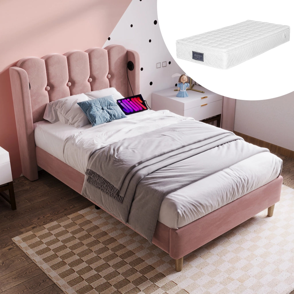 Letto singolo imbottito – 90x200 cm – USBC rete con materasso – velluto rosa