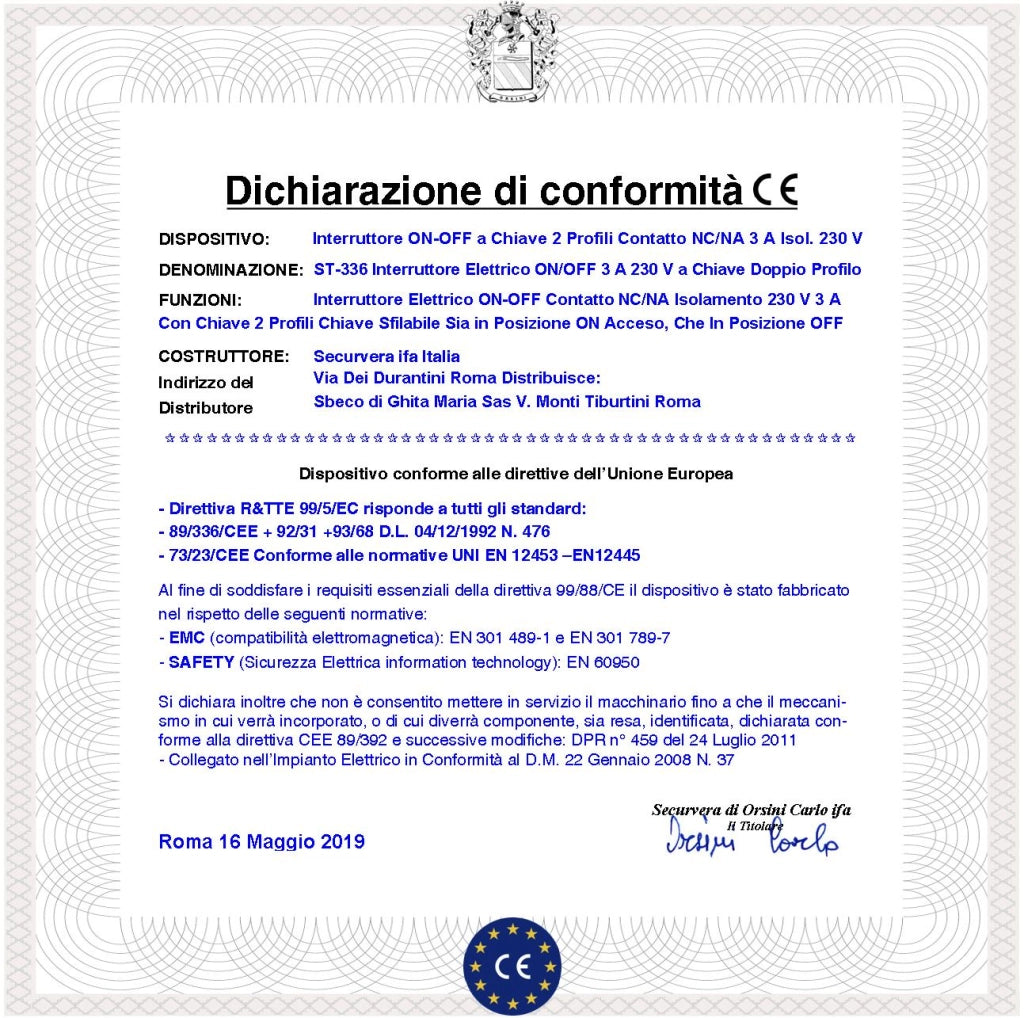 Interruttore a Chiave Due Posizioni ON-OFF Contatti NC/NA da 3 A Isolamento 230 V Sistema Antimpronta Con 2 Chiavi a Doppio Profilo Utile Inserire Disinserire Allarme Sirena o Qualsiasi Apparato