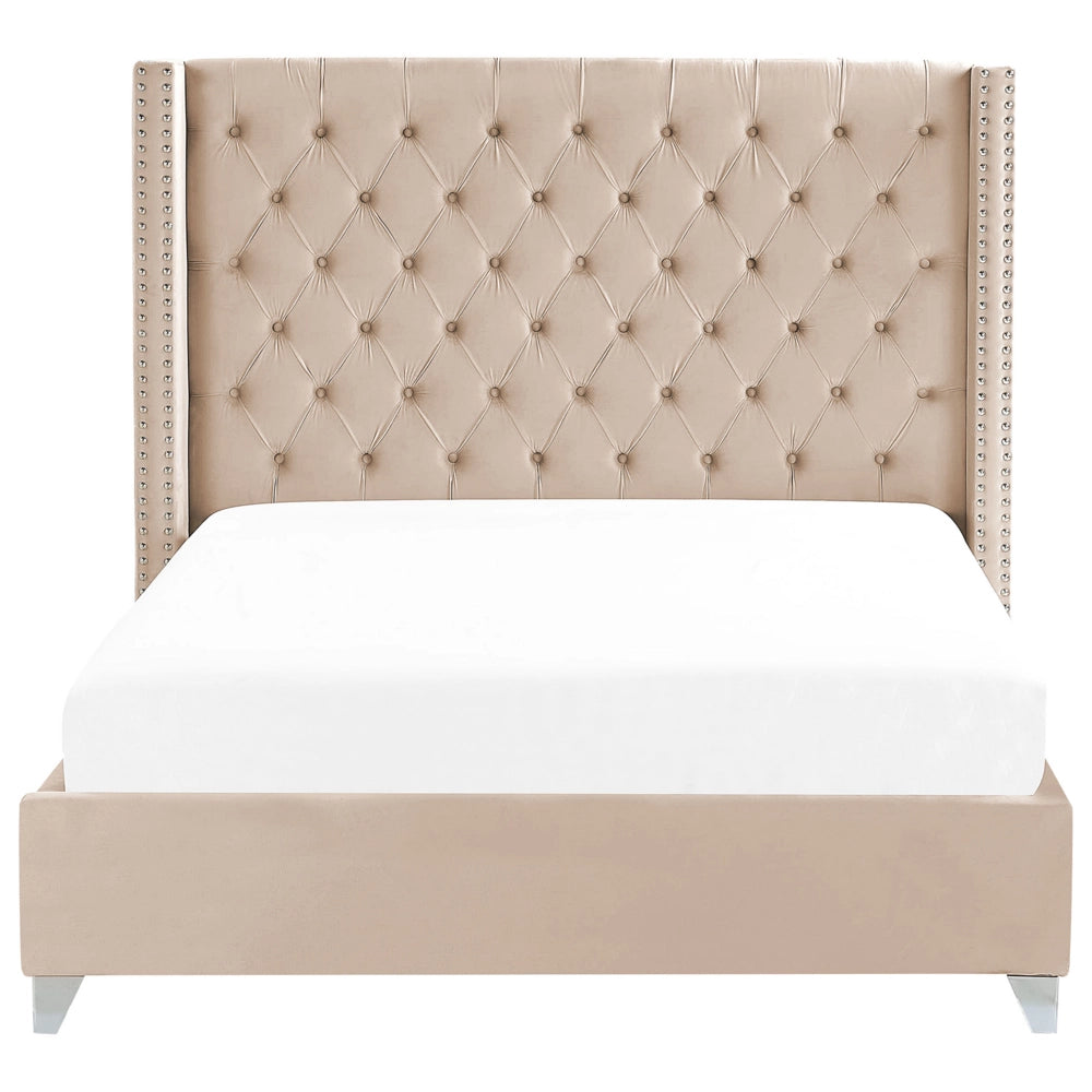 Letto a doghe Velluto beige imbottito Poggiatesta trapuntato borchie 160 x 200 cm design glam