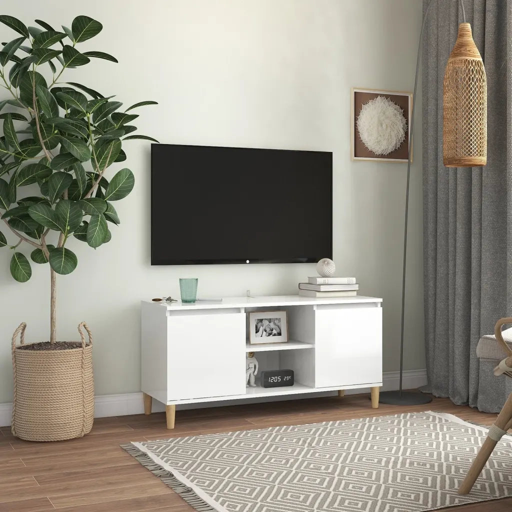 Mobile TV | Armadietto TV | Mobile Porta TV con Gambe Legno Massello Bianco Lucido 103,5x35x50 cm