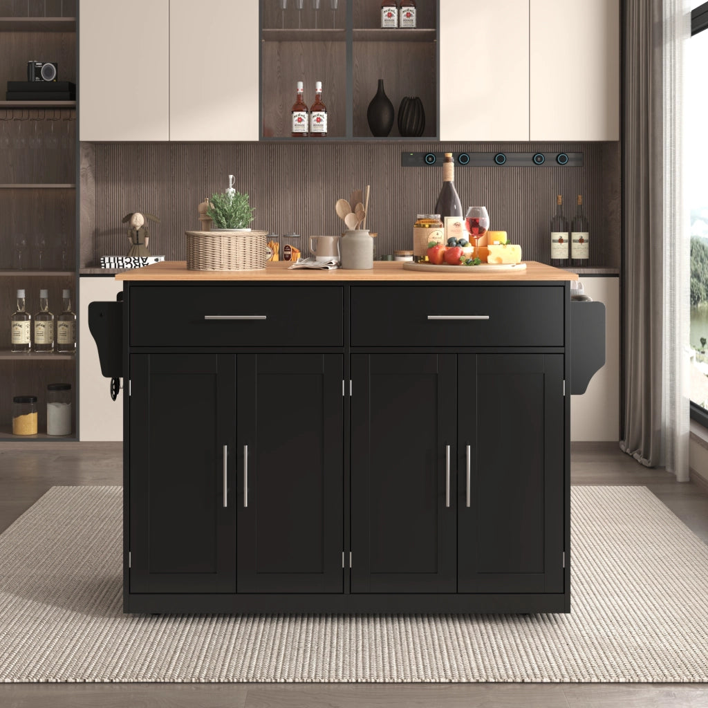 Isola da Cucina Mobile 120x46/70x91 cm Nera con Piano Ribaltabile; 2 Cassetti; Ruote e Gambe in Legno