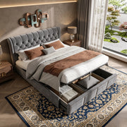 Letto matrimoniale contenitore 160x200 cm con testiera imbottita vano contenitore idraulico rete a doghe e borchie in velluto-grigio