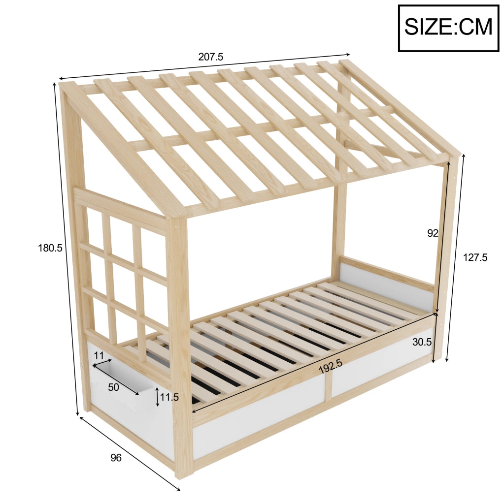 Letto per bambini 90x200 cm con vano idraulico e ripiani laterali; bianco e naturale